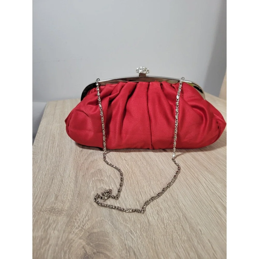 Lulu Townsend Red Clutch w/ Rhinestone Clasp & Chaine strap Purse Night Bag